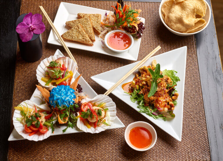 Selection of colourful starters at Zen Garden Restaurant in Careys Manor Hotel & SenSpa, Brockenhurst