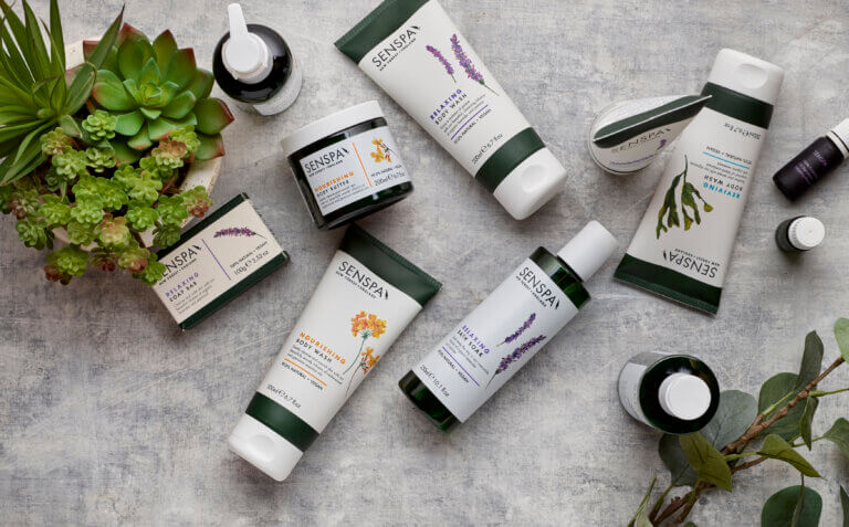 Flat lay shot of products in SenSpa's natural bodycare collection