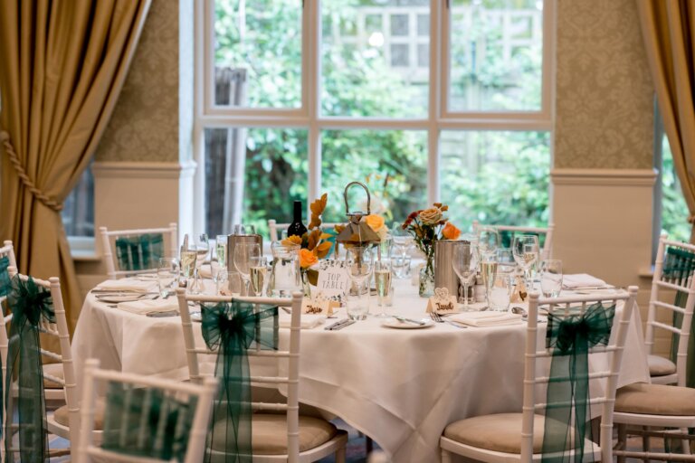 Close up of guest table with floral decorations